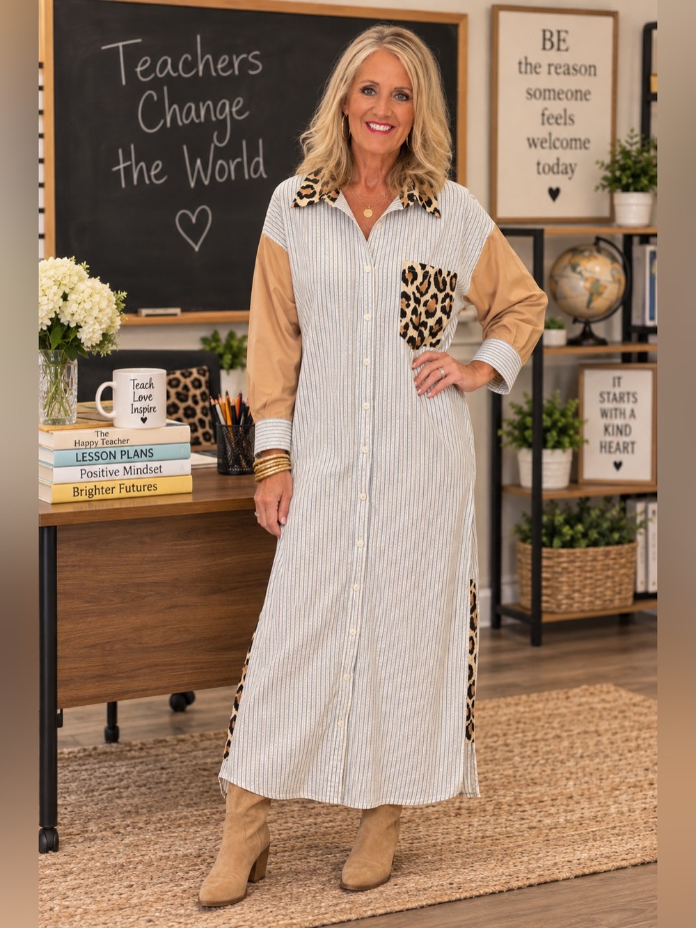 entro Blue Striped Maxi Shirt Dress with Leopard Trim Medium